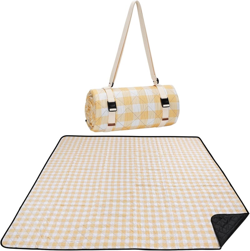WILLOW WEAVE Picnic Blanket, 80''x80'' Waterproof Outdoor Blankets, Picnic Mat Washable for Beach, Picnic Blankets for Camping on Grass with Shoulder Strap - Yellow & White - Image 1